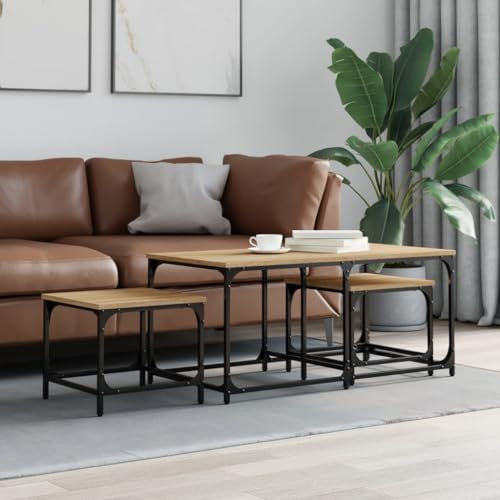 OHOOWOO Satztische 3 STK. Sonoma-Eiche Holzwerkstoff,Mehrteiliger Beistelltisch aus Holz in Sonoma Eiche für kleines Zuhause, Wohnzimmer und Büro Couchtische, Kaffeetische