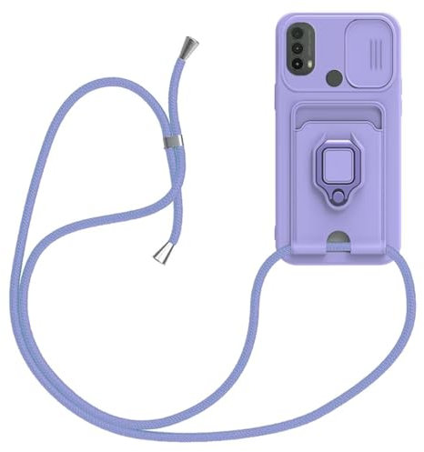 xinyunew Funda con Cuerda para Motorola Moto E20/E30/E40, Silicona Líquida Carcasa con Cordón [Ajustable Correa de Cuello Cadena] [360 Anillo función de Soporte Cubierta], Púrpura
