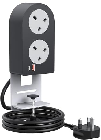 BQO Desk Power Socket with USB Slots,2 Outlets 2 USB Ports (1 USB C), 3250W 13A Socket Extensions, Rollable Extension Cord for Office/Home/Travel