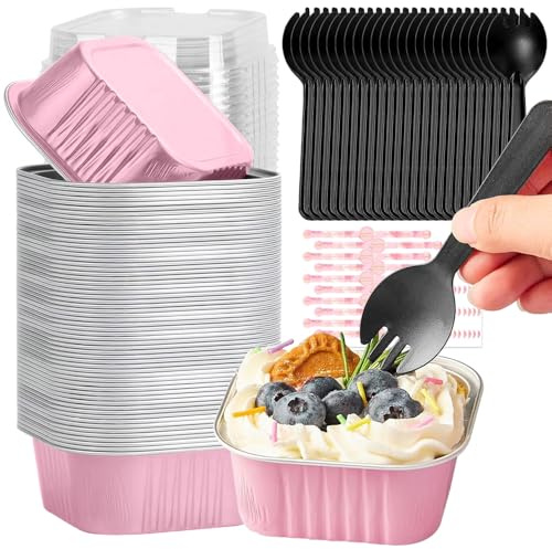 Mini Cake Baking Cups with Lids and Spoons, 50PCS 150ml Mini Loaf Pans | Square Aluminum Foil Baking Pans with Sealing Sticker for Bread Dessert Wedding Birthday Picnic Party(Pink Silver)
