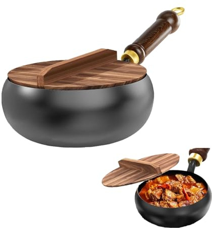 Generisch Japanische Eisenpfanne Mit Holzdeckel, Suntuup Japanische Eisenpfanne, Handgefertigte unbeschichtete Antihaftpfanne, Edelstahlpfanne unbeschichtet für natürliches Kochen (24cm)