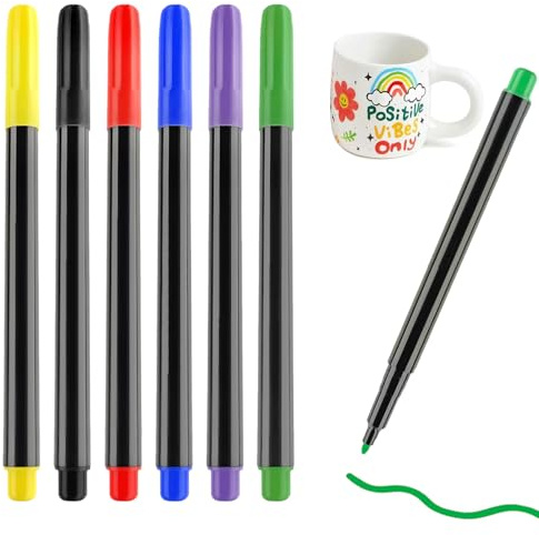 Canollo 6 Farben Porzellanstifte Spülmaschinenfest, Keramik Bemalen Stifte Set, Porzellanfarbe Spülmaschinenfest, Wasserfestern Marker, Glasmalstift für Design und Bemalen auf Porzellan