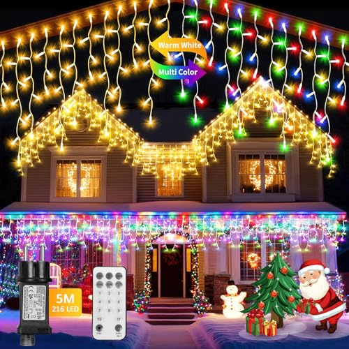 Auniq Eisregen Lichterkette Außen mit Fernbedienung, 5M 216 LED Eisregen Lichtervorhang Weihnachtsbeleuchtung 11 Modi Eiszapfen Lichterkette mit 5m Kabel für Balkon Fenster Traufe (Warme & Mehrfarbig)