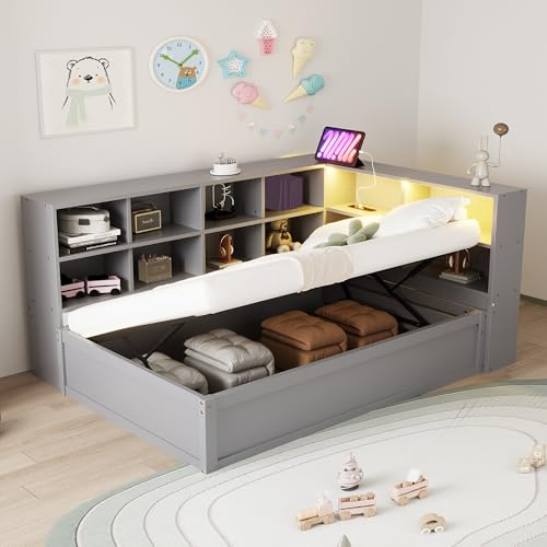 NNJN Sofá cama de 90 x 200 cm, con enchufe múltiple y varios compartimentos de almacenamiento, con barra de luz, cama hidráulica, cama de madera maciza, cama individual, cama de madera multifuncional