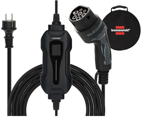 Brennenstuhl tragbares EV Ladegerät Typ 2 - Schutzkontakt | mobile Ladestation 10A, 2,3kW, 8m, IP44, Display, für Elektro- & Hybridfahrzeuge BEV/PHEV, mit Transporttasche