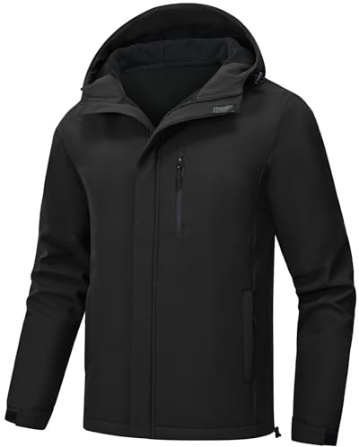 Huayuzh Softshelljacke für Herren Winterjacke Wasserdicht Winddicht Warme Fleece Gefüttert Regenjacke Wandern Camping Schwarz L