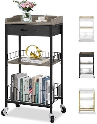QILOXENTRA Tall Side Table with Drawer and Shelves, Narrow End Table with Optional Wheels, 4-Tier Small Side Table, 30 High for Living Room, Bedroom, Bathroom, Black & Grey