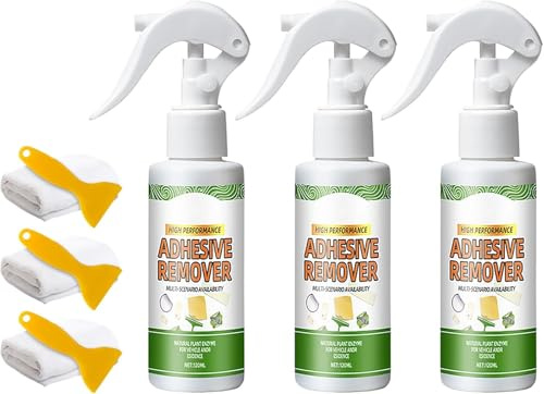 Multi-Purpose Strong Adhesive Remover Spray - Rapidly Removes Tape, Labels, Chewing Gum, Stickers and Decals Residue, Includes Scraper and Bonus Microfiber Towel (3)