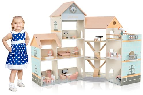 COSTWAY Juego de Casa de Muñecas Esquinera de Madera, Casita Infantil con Techo con 41 Muebles y Accesorios, Casa de Ensueño DIY con 3 Pisos, 6 Habitaciones, Patio y Garaje (Naranja)
