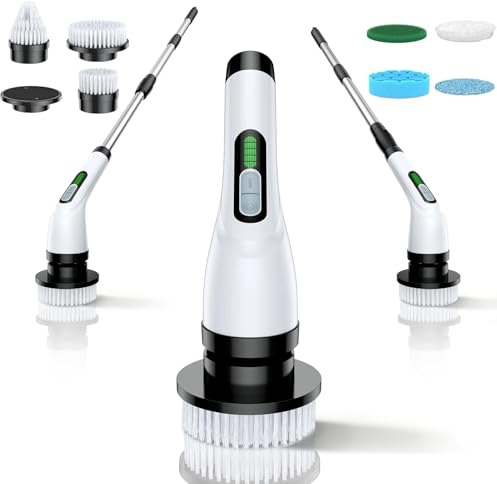 VigorDay Electric Spin Scrubber - Cordless Bathroom Scrubber with 7 Brush Heads - Dual Speed IPX7 Waterproof Power Scrubber for Heavy-Duty Bathtub, Glass, Tile, and Car Cleaning (White)