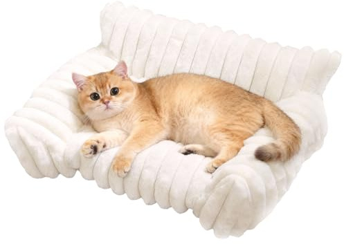 Yumzxin Cute Cat Couch Bed, 19.5in Fluffy Pet Sofa with Removable Washable Cover, Supportive Small Dog Bed for Puppy & Kitten up to 15 lbs, White