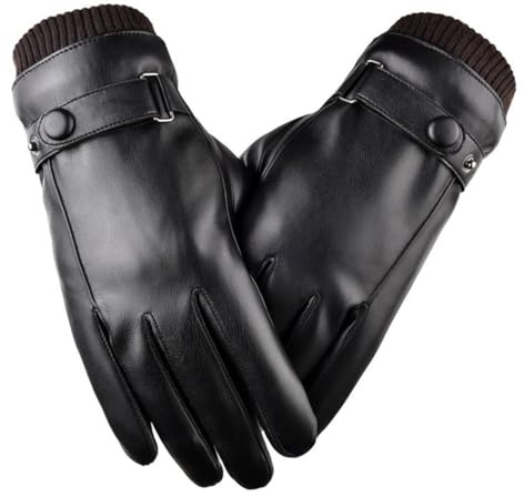EJRUP Guantes Negros de Hombre en Cuero PU Sintético con Pantalla Táctil,Antideslizantes a Prueba de Frío,Guantes Suaves, para Actividades al Aire Libre Conducción Motor Ciclismo Correr Camping