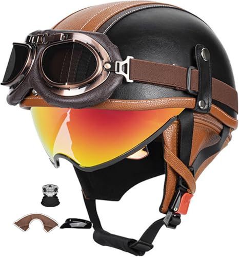 Casque Moto Rétro Casque Cyclomoteur Hommes Femmes Demi-Jet Vintage Casques Bols Homologué ECE/Dot Casque Jet pour Moto avec Lunettes pour Moto Scooter Mobylette 4,XXL(63-64CM)