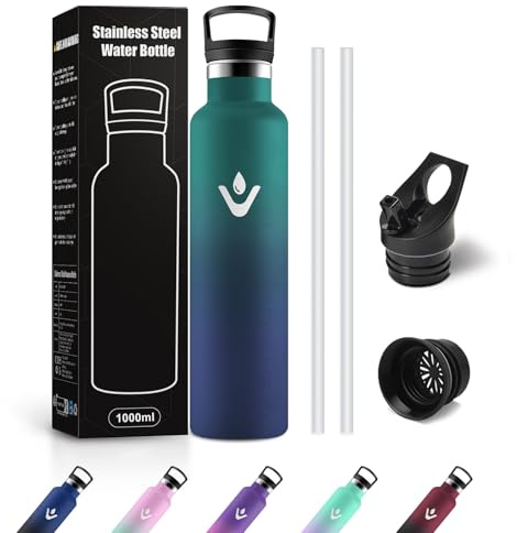 JAPORIA Botella Acero Inoxidable 1L, Cantimplora Termica con Pajita, sin BPA, Termo para Deporte, Bicicleta, Viajes