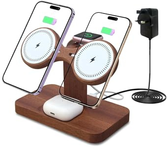 Compatible with Magsafe Dual Phone Charging Station for iPhone 17/16/15/14/13/12,AirPods & Apple Watch,4 in 1 Wireless Charger Wood Phone Charger Stand Desk Organizer,Gift for Men Dad Boyfriend