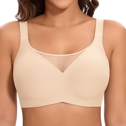 Cavotor Jelly Bras for Women Non Wired Comfort Support Gel Soft Bra Seamless Lace Wireless T Shirt Push Up Bralettes with Extender (Beige,L)