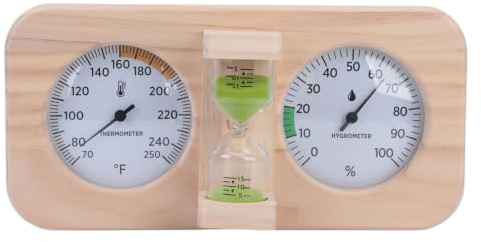 Mechanical Sauna Temperature Humidity Gauge with Sand Timer, for Sauna Room Heat Check Use Wooden Wall Display Humidity Gauge Climate Wooden Wall Mounted Meter Sand Timer Room Temperature Display