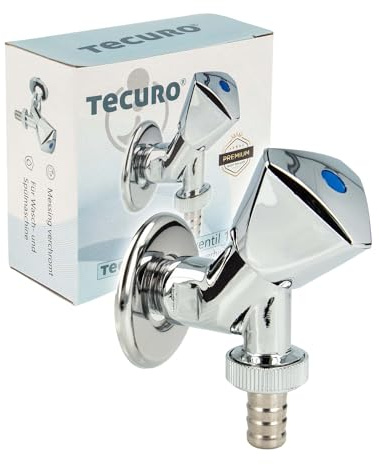 tecuro Geräteventil 1/2 Zoll mit Rückflussverhinderer - für Wasch- und Spülmaschine, Abgang 3/4 Zoll absperrbar, inkl. Schlauchverschraubung Messing verchromt - 22230