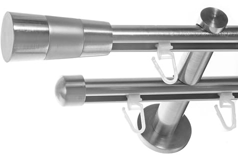 BASIT Gardinenstange Innenlauf Edelstahllook 16mm 2-läufig Wand 160cm H80 | Gardinenstangenset doppelläufig Wandmontage Metall Vorhangstange Wandhalterung 120-600cm wählbar Kappe Kegel E11