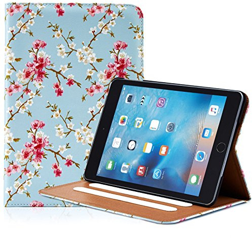 32nd Floral Series - Design PU Leather Book Folio Case Cover for Apple iPad Mini 4 (2015), Designer Flower Pattern Flip Case With Built In Stand - Spring Blue