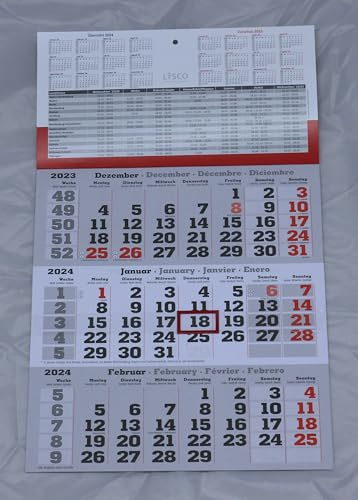Gefaltet 3 Monats Wandkalender 2026 mit Datumschieber in Rot, inkl. Ferienübersichten und Jahresüberblick 2026 und 2027, Dreimonatskalender werbefrei, 3 Monatskalender