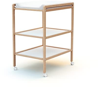 AT4 - Table à Langer 2 étagères ESSENTIEL Hêtre verni | 75 x 58 x 94 cm | Meuble à langer avec roulettes | Gain de place | Compact