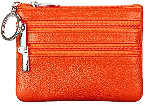 Damen Echtleder Münzbörsen Mini,Klein Geldbörse Münzegeldbörse mit Schlüsselanhänger, orange