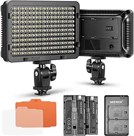 Neewer Panneau Lumière 176 LED Intensité Variable avec 2pz Batterie Li-ION 2600 mAh Chargeur Double USB pour Reflex numériques Canon Nikon etc. pour enregistrements vidéo en Studio