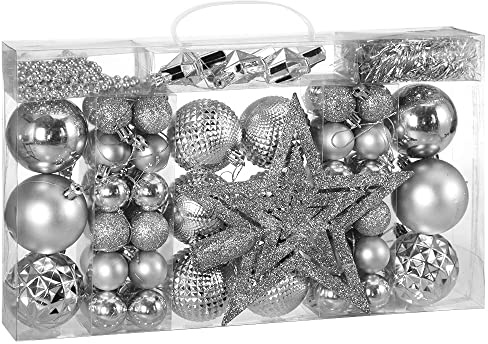 DEUBA® Weihnachstkugeln 66tlg Ø 3-6cm Kunststoff matt glänzend Christbaumkugeln Christbaumschmuck Anhänger Weihnachtsbaumkugeln Weihnachtsdeko Silber