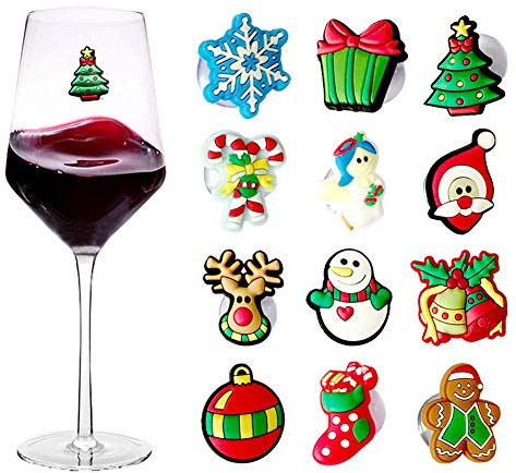 Feelava Weinglas-Anhänger mit Saugnapf, für Weingläser, Weingläser, Weinzubehör, Gastgeberin, Geschenke, Nikolaus, Weihnachtsdekoration, 12 Stück