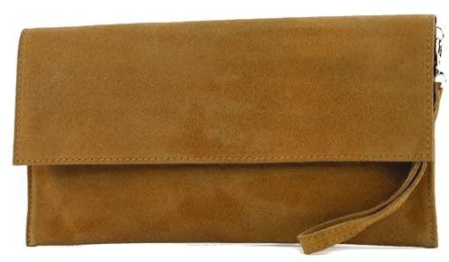 modamoda de T151 Damen Wildleder Rauleder Clutch Umhängetasche Abendtasche handmade in Italy, Farbe:Camel