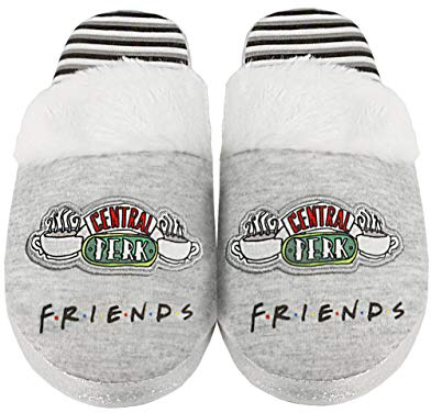 FRIENDS Central Perk Girls Slippers | F.R.I.E.N.D.S House Shoes For Kids | Glitter Sole & Fluffy Children Bedtime Slippers | Grey Central Perk Slippers For Her