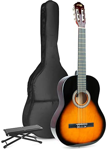 MAX SoloArt Konzertgitarre 4/4, Akustik Gitarre für Anfänger mit Tasche, Fußstütze, Stimmgerät, Plektrum, Gurt und Zubehör, Acoustic Guitar, Akustikgitarre in Sunburst