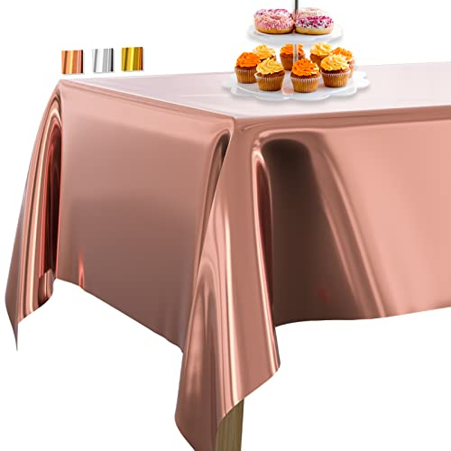 PartyWoo Mantel Papel de Aluminio Dorado Rosa, 137 x 274 cm/54 x 108 Pulgadas, Rectangular, Lavable, para Mesa de 6 a 8 pies, Plástico Mantel Impermeable para Fiestas, Cumpleaños, Bodas (1 Unidad)