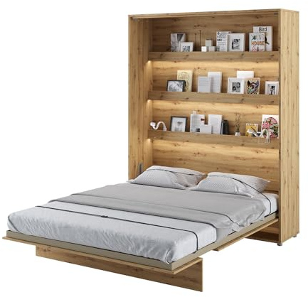 MEBLINI Schrankbett Bed Concept - Wandbett mit Lattenrost - Klappbett mit Schrank - Wandklappbett - Murphy Bed - Bettschrank - BC-12-160x200cm Vertikal - Artisan Eiche mit Matratze