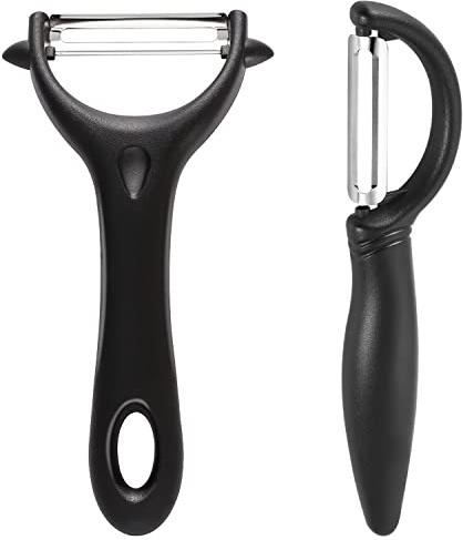 2 Piezas Pelador de Patatas, Pelapatatas Pelador de Frutas y Verduras Multifuncional de Acero Inoxidable con Cuchilla Pendular y Mango Ergon贸mico para Patatas Pepinos Zanahorias Manzanas(Negro)