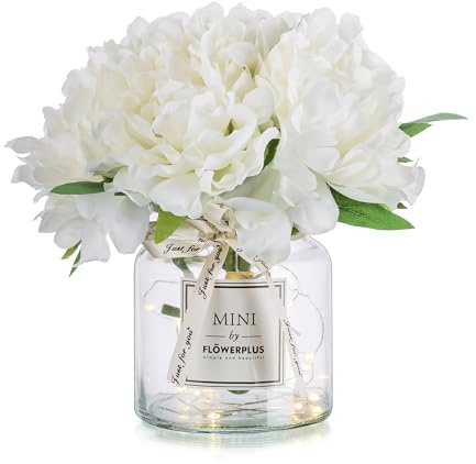 BLOSMON Artificial Flowers in Vase Decoration: White Peony Fake Flower with Glass Vases for Table Decorations - Small Floral Arrangements Indoor Room Window Desk Centrepiece Silk Plant Bouquet Decor