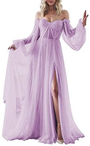 Vestito da cerimonia nuziale di Tulle dell'abito di sfera del manicotto lungo gonfio delle donne per gli abiti da ballo formali della sposa, Lilla, 42