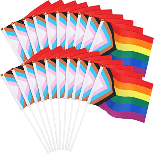 JUNEBRUSHS Banderas de orgullo del progreso del orgullo, 20 unidades de 14 x 21 cm, mini banderas de mano LGBTQ Rainbow Trans de bolsillo, banderas gay y lesbianas, decoraciones de fiesta del día del