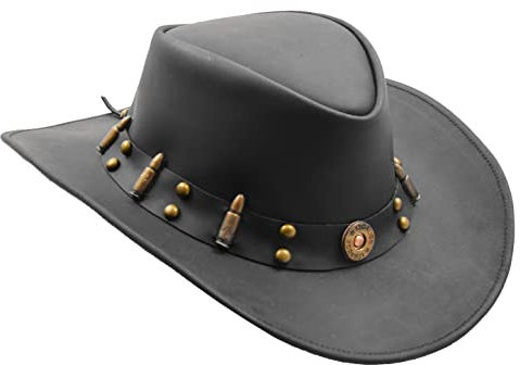 Cowboyhut aus echtem Leder, Westernhut, Aussie Bush Outback, strapazierfähig, Schwarz, Schwarz, MEDIUM