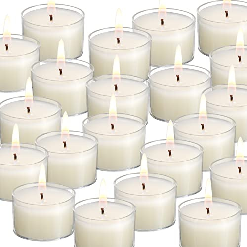 qinxiang 100 Pack Unscented Ivory Clear Cup Tea Light Candles for Dinner, Wedding, Party, Spa, Church, Home Decor Tealights