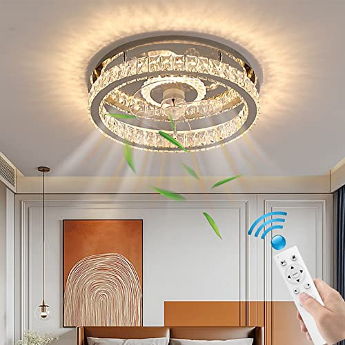 Flush Mount Ceiling Fan with Light, 20 Modern Crystal Chandelier Ceiling Fan with 36W Stepless Dimmable LED Smart 3 Color Change and 6 Speeds, Low Profile Ceiling Fan for Bedroom (Color : Round)
