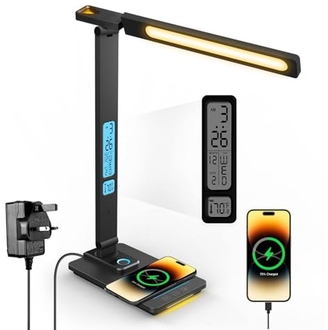 LAOPAO LED Desk Lamp with Wireless Charger - USB Charging Port, Touch Sliding Dimmable Auto Timer Table Lamp with Night Light, Desk Lights with Clock for Study Reading Home Office （Black）