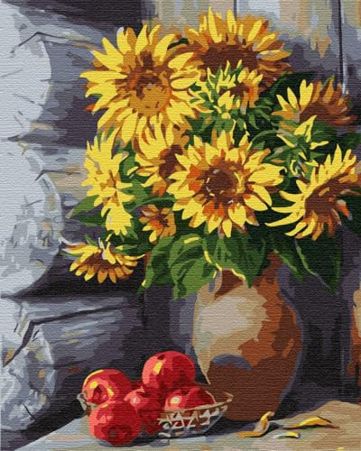 Artnapi Malen nach Zahlen Erwachsene mit Rahmen | DIY Handgemalt | Blumen - Sonnenblumen in einer Vase | Kit für Anfänger und Erwachsene | Set inklusive Acrylfarben & Pinsel | 40x50cm Leinwand