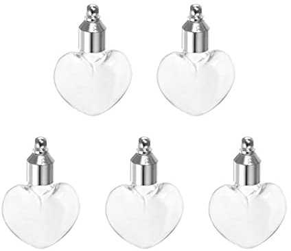 sourcing map 5pcs Nom sur Riz Verre Fiole Pendentif 6mm Grandeur Cœur Clair | Fiole Collier Suspendu Souhait Bouteilles pour Liquide Sable Cendres DIY Pendentif, Forme, Vis Capuchon Pendentif