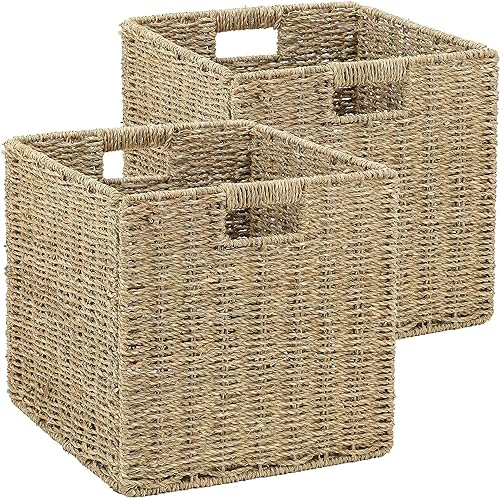 Aluusy Set di 2 Cesto Portaoggetti Intrecciato, Cesto in Vimini Pieghevole in Carta di Giacinto d'acqua, Cestino Intrecciato Quadrato 28x28x28cm, Cestino per Scaffale Kallax Bagno