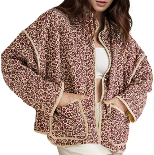 Wyeysyt Women's Cropped Quilted Jacket Floral Print Padded Puffer Jackets Lightweight Open Front Cardigan Coat Outwear(Red-M)