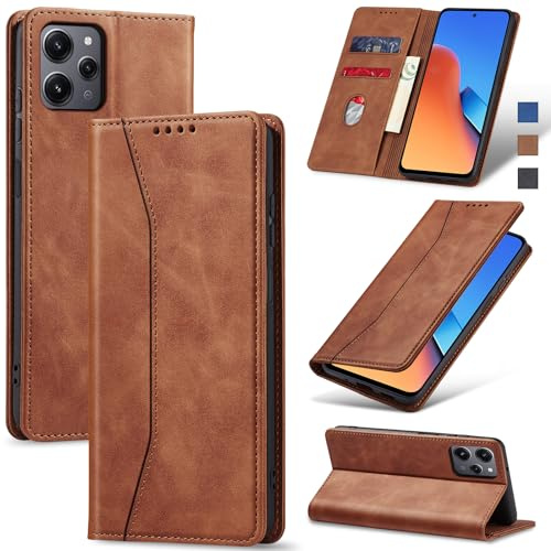 Jasonyu Coque pour Xiaomi Redmi 12 Flip Etui,Marron | Housse en Cuir PU Portefeuille,Porte Cartes,Compartiment à espèces,Antichoc,Magnétique,Stand Fonction
