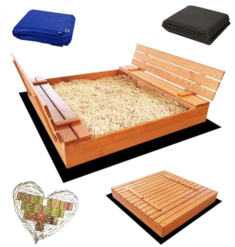 Sunwood Sandkasten Imprägniert 140x140 cm aus Holz Sandbox mit Abdeckung Sitzbänken Deckel Plane Sandkiste (140x140 cm)