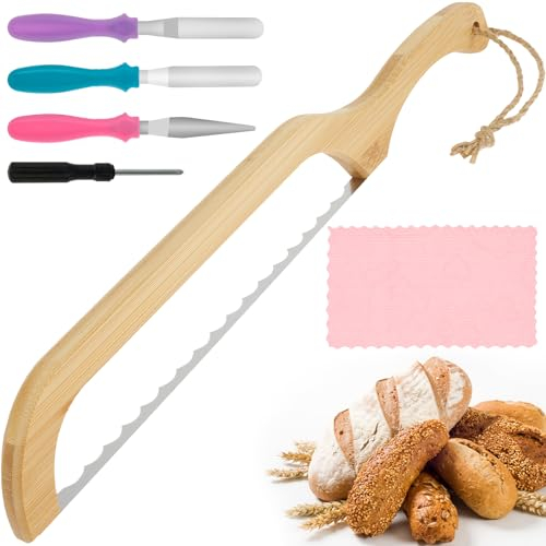 IXTIX Brödfräs serverad bagelskärare rostfritt stål sourdough Bread Slicer bärbar brödskärare med träbåge designhandtag sourdough fräs med 3 spatel 1 Wiping Cloth för Home Bakin